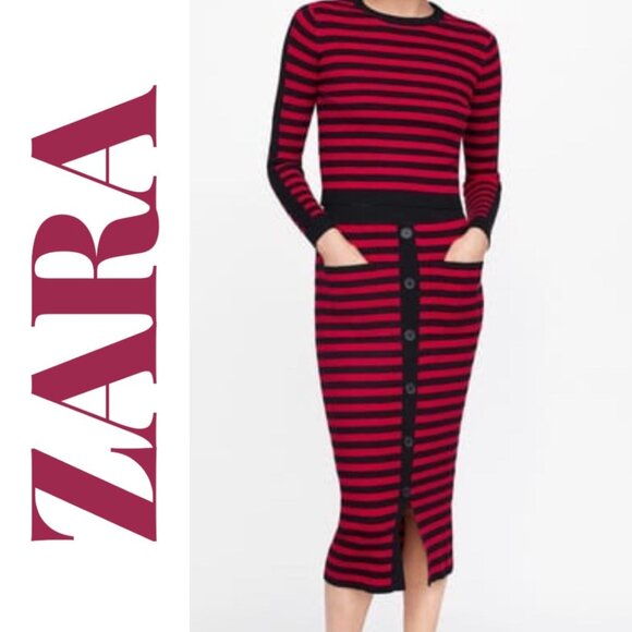 ZARA NAUTICAL STRIPED KNIT STRETCHY SWEATER FALL RED BLACK, SIZE L - Picture 8 of 9